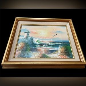 Antique Lighthouse Oil Painting Signed By Artist Rare Old